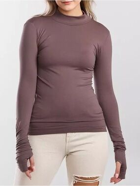 Free People Seamless Turtleneck Top Thumbholes Purple Frosted Fig M/L